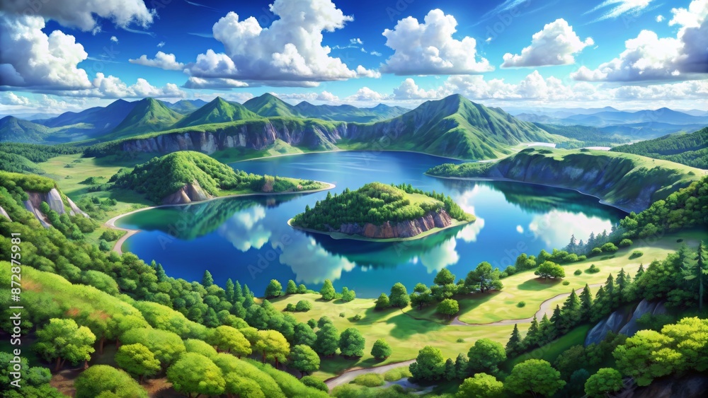 Crater lakes landscape with clouds and hills Crater lakes landscape with clouds and hills