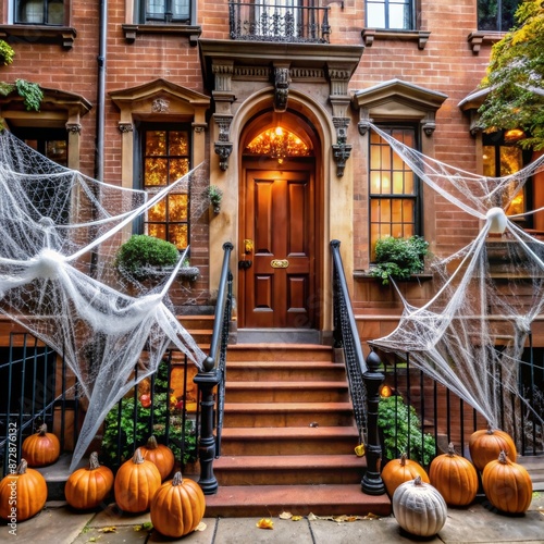 Townhouse facade with spider web decor and pumpkins. Halloween decoration