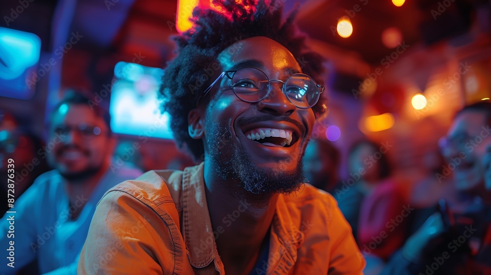 A Man Laughs Joyfully While Watching a Game in a Bar A Man Laughs Joyfully While Watching a Game in a Bar