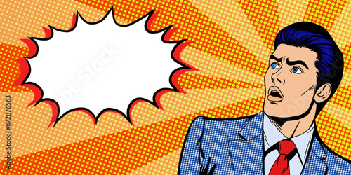 surprised young man with open mouth looking wondering. Banner design template with shocked businessman and bubble speech and empty space for text for sales discount, announcement. pop art comic style.