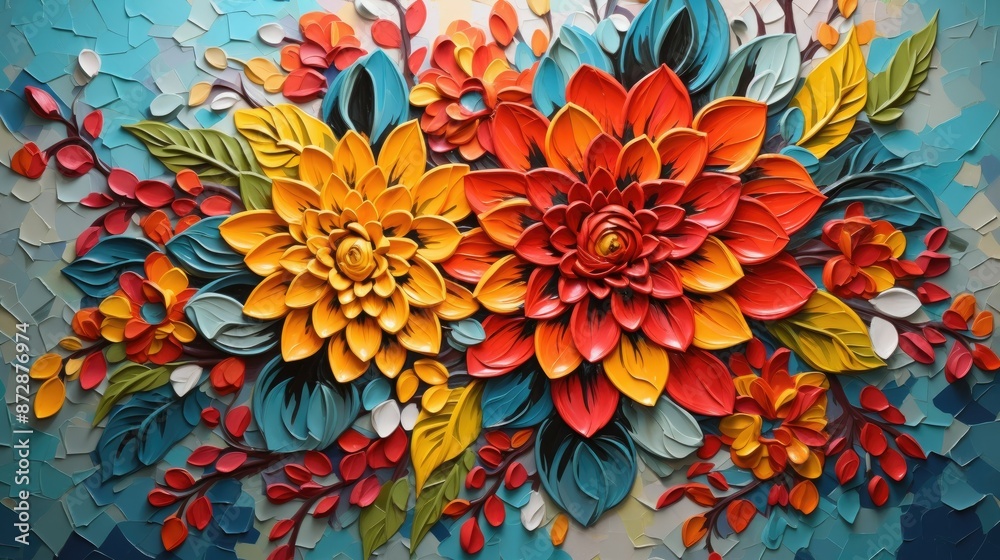 a colorful painting of flowers on the wall a colorful painting of flowers on the wall