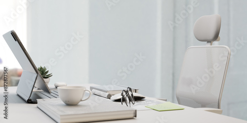 Clean white office with a laptop on the table and work equipment. 3d, rendering, illustration,