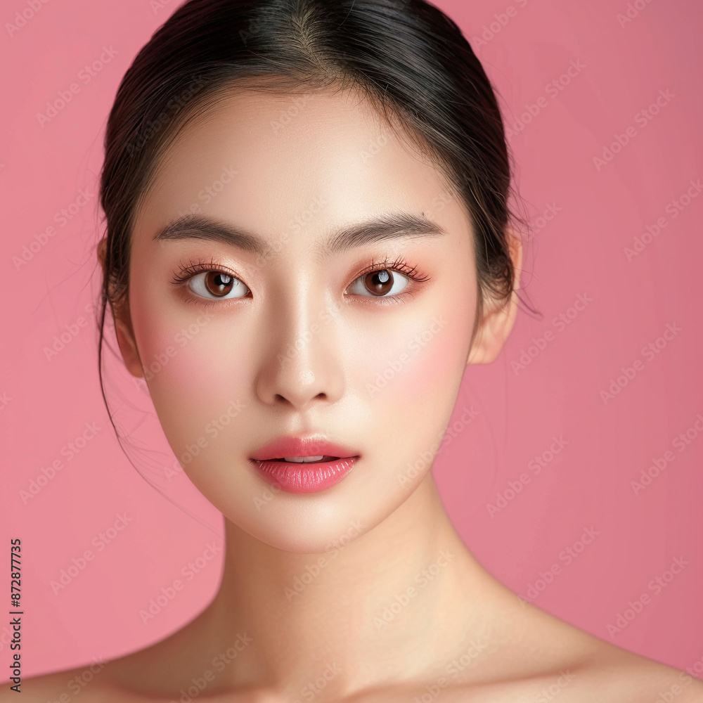 Fototapeta premium Closeup portrait of young Asian beautiful woman with Korean beauty make up style and healthy and perfect skin isolated on pink background for skincare commercial product advertising.