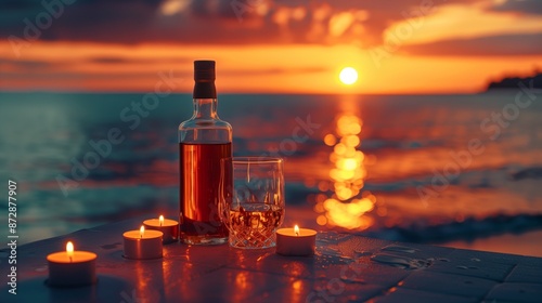 A bottle of whiskey and glass on the table with candles, against the background of sea sunset