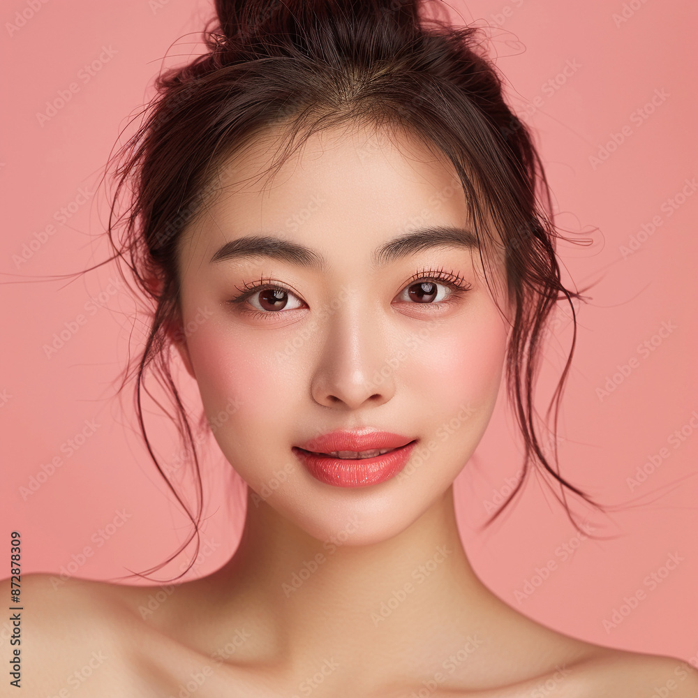 Fototapeta premium Closeup portrait of young Asian beautiful woman with Korean beauty make up style and healthy and perfect skin isolated on pink background for skincare commercial product advertising.