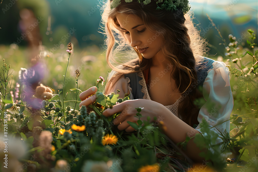 A woman collects medicinal herbs. A woman collects medicinal herbs.