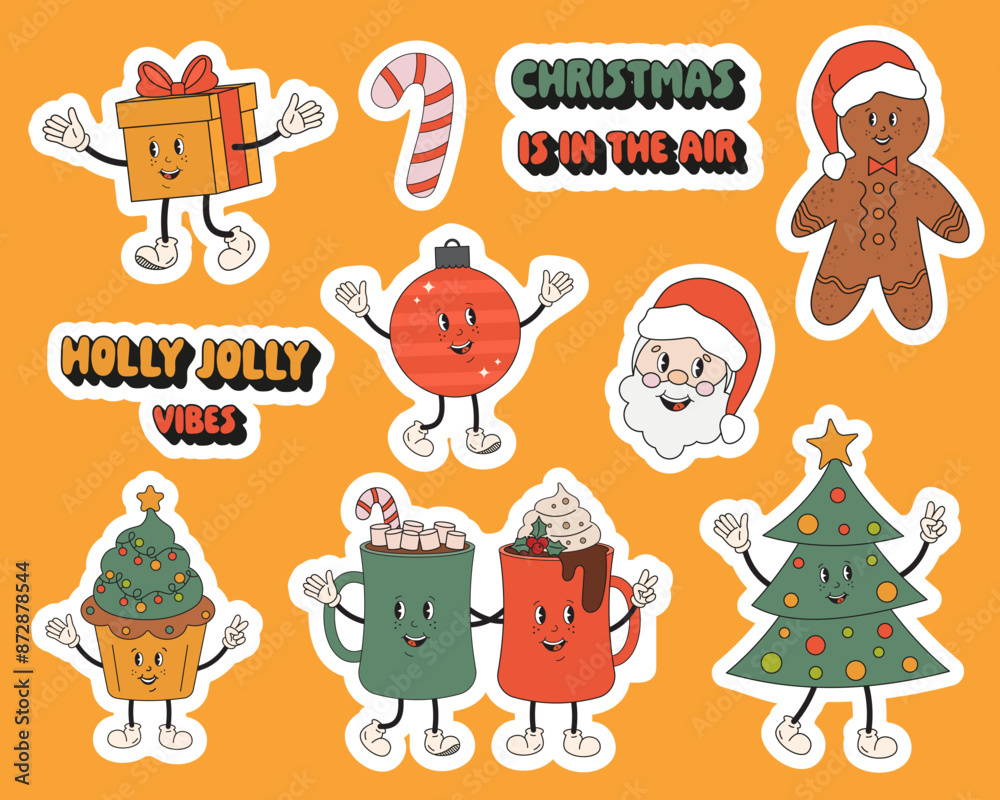 Fototapeta premium Christmas funny retro characters in groovy style. Merry Christmas and happy New Year sticker pack with Santa Clous, gift, Christmas tree, gingerbread, cocoa mugs, candy cane. Holly Jolly vibe 60s-70s.