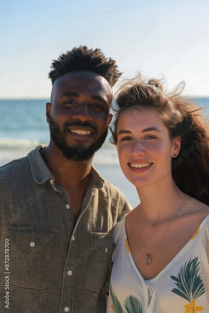 Φωτογραφία On vacation together, a happy couple enjoys romantic moments on a sunny beach, smiling and embracing each other warmly