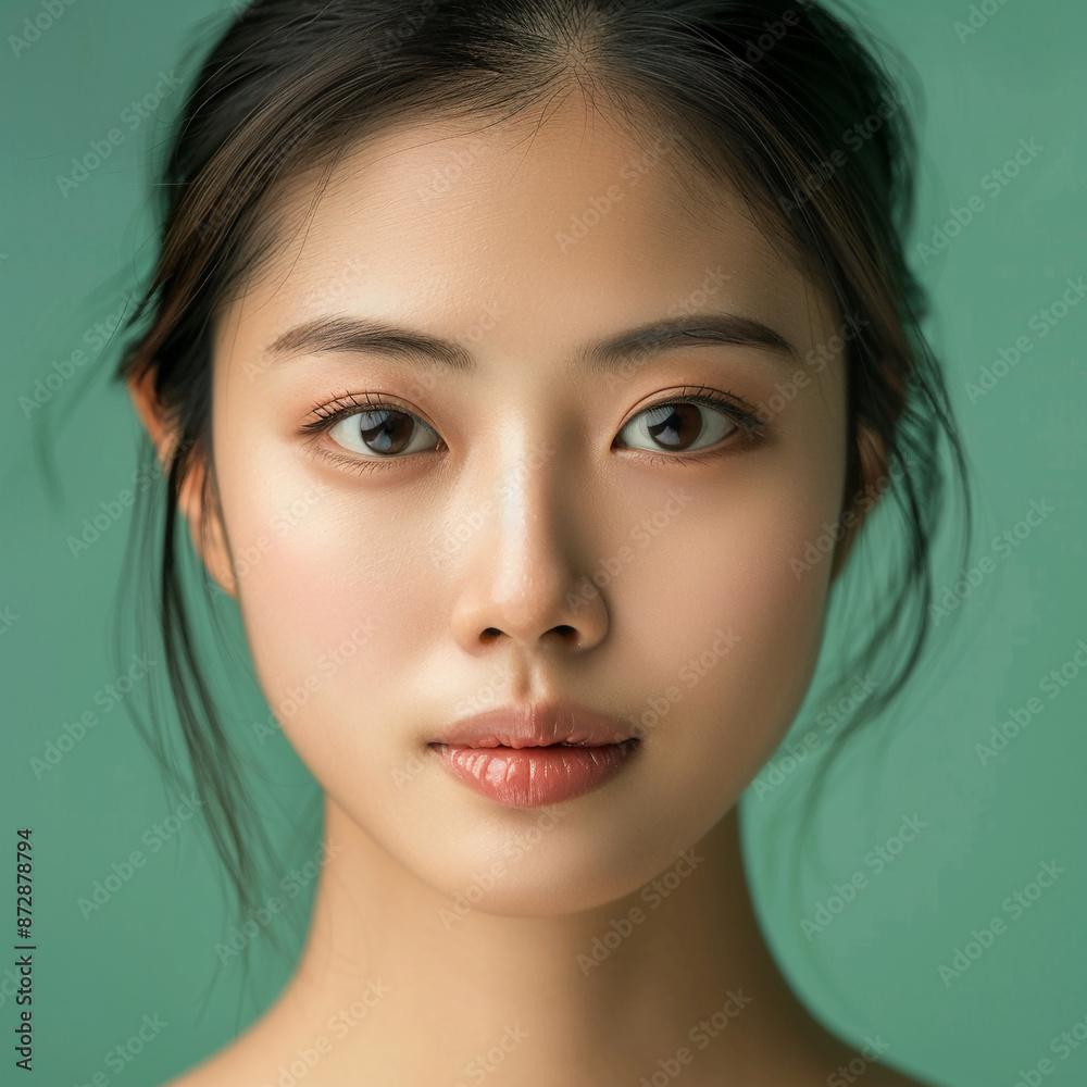 Closeup portrait of young Asian beautiful woman with Korean beauty make up style and healthy and perfect skin isolated on pink background for skincare commercial product advertising. Closeup portrait of young Asian beautiful woman with Korean beauty make up style and healthy and perfect skin isolated on pink background for skincare commercial product advertising.