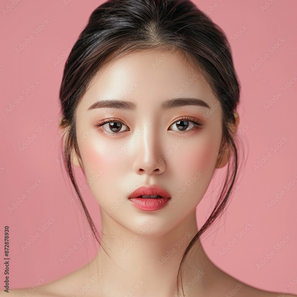 Closeup portrait of young Asian beautiful woman with Korean beauty make up style and healthy and perfect skin isolated on pink background for skincare commercial product advertising. Closeup portrait of young Asian beautiful woman with Korean beauty make up style and healthy and perfect skin isolated on pink background for skincare commercial product advertising.