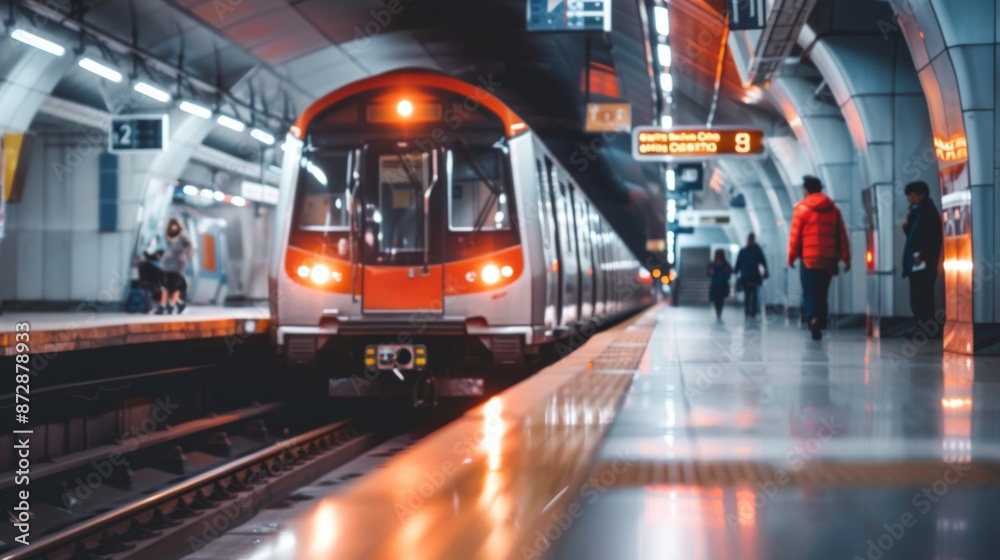 Obraz premium A modern subway train entering a station with commuters waiting on the platform