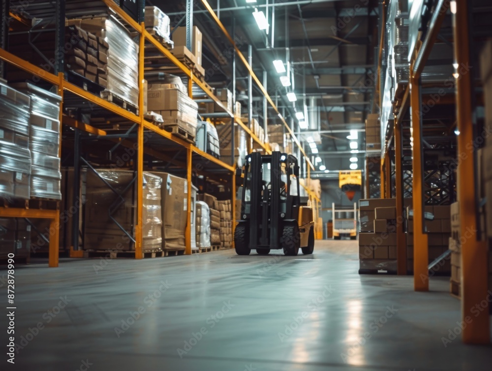 A forklift operating in a dimly lit industrial warehouse at night, transporting materials through spacious aisles
