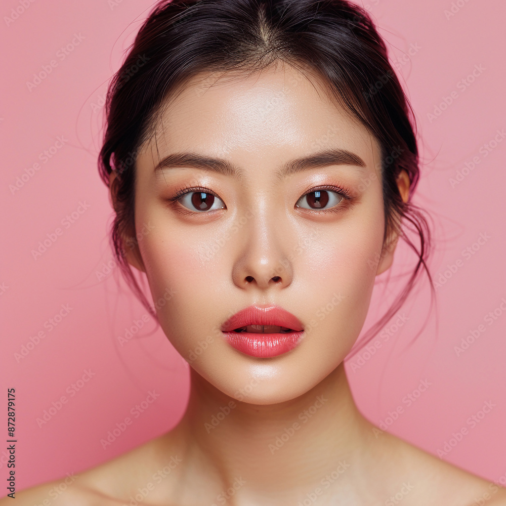 Closeup portrait of young Asian beautiful woman with Korean beauty make up style and healthy and perfect skin isolated on pink background for skincare commercial product advertising.