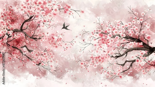 Central space cherry blossom watercolor painting, ideal for adding messages and custom text