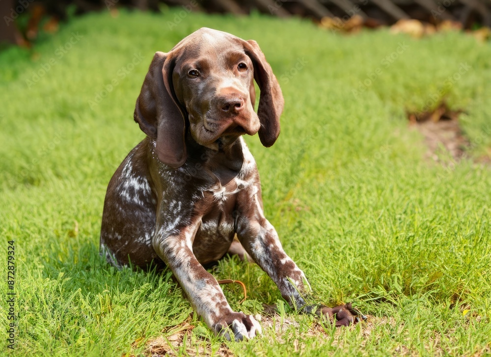puppy German Shorthaired Pointer dog in garden,generated with AI. High quality photo puppy German Shorthaired Pointer dog in garden,generated with AI. High quality photo