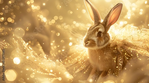 Glamorous Rabbit in Glittery Ball Gown Posing on Shimmering Gold Background