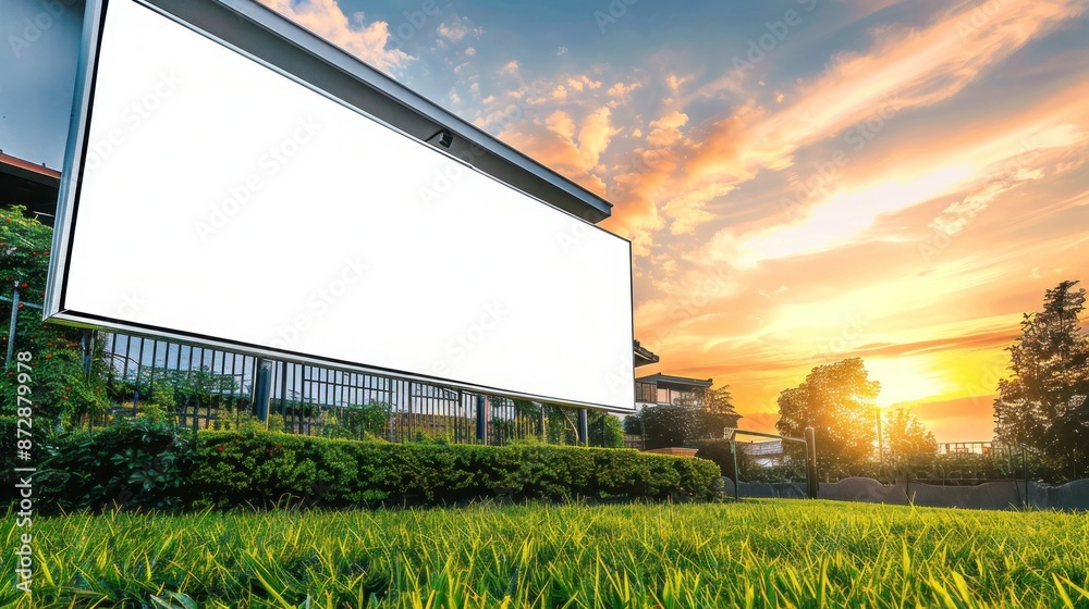 Obraz premium Blank white billboard on a house lawn, vibrant green grass, and a picturesque sunset in the background.