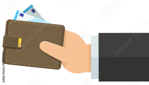A hand presents a leather wallet with 20 euro notes in flat design style (cut out)