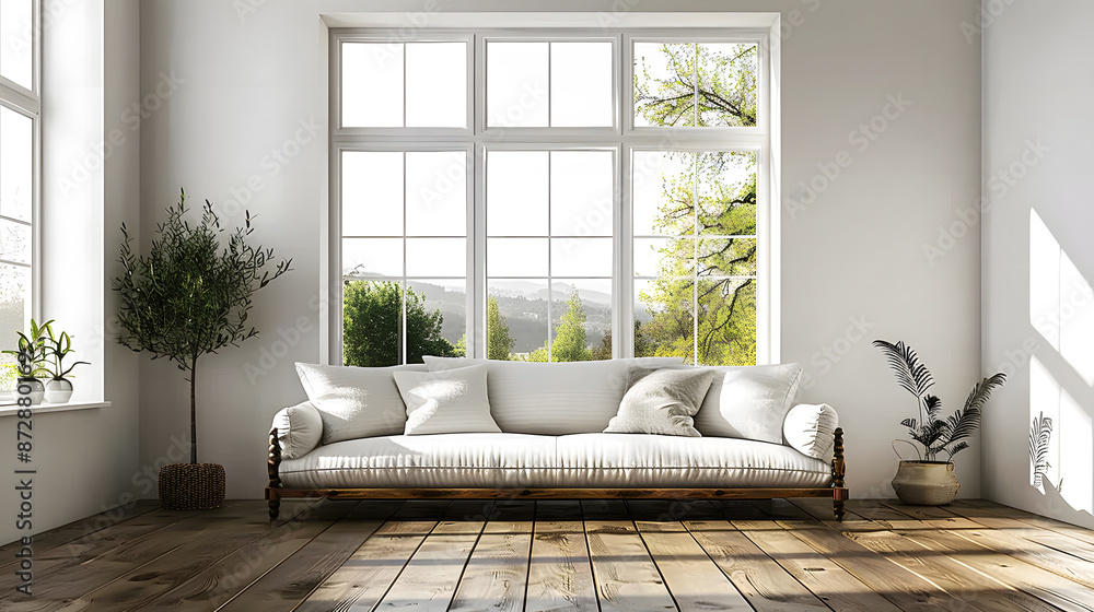 Fototapeta premium A bright room with a white couch adorned with beige pillows 