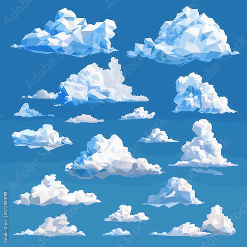 Low Poly Cloud Set on Blue Sky Vector Illustration