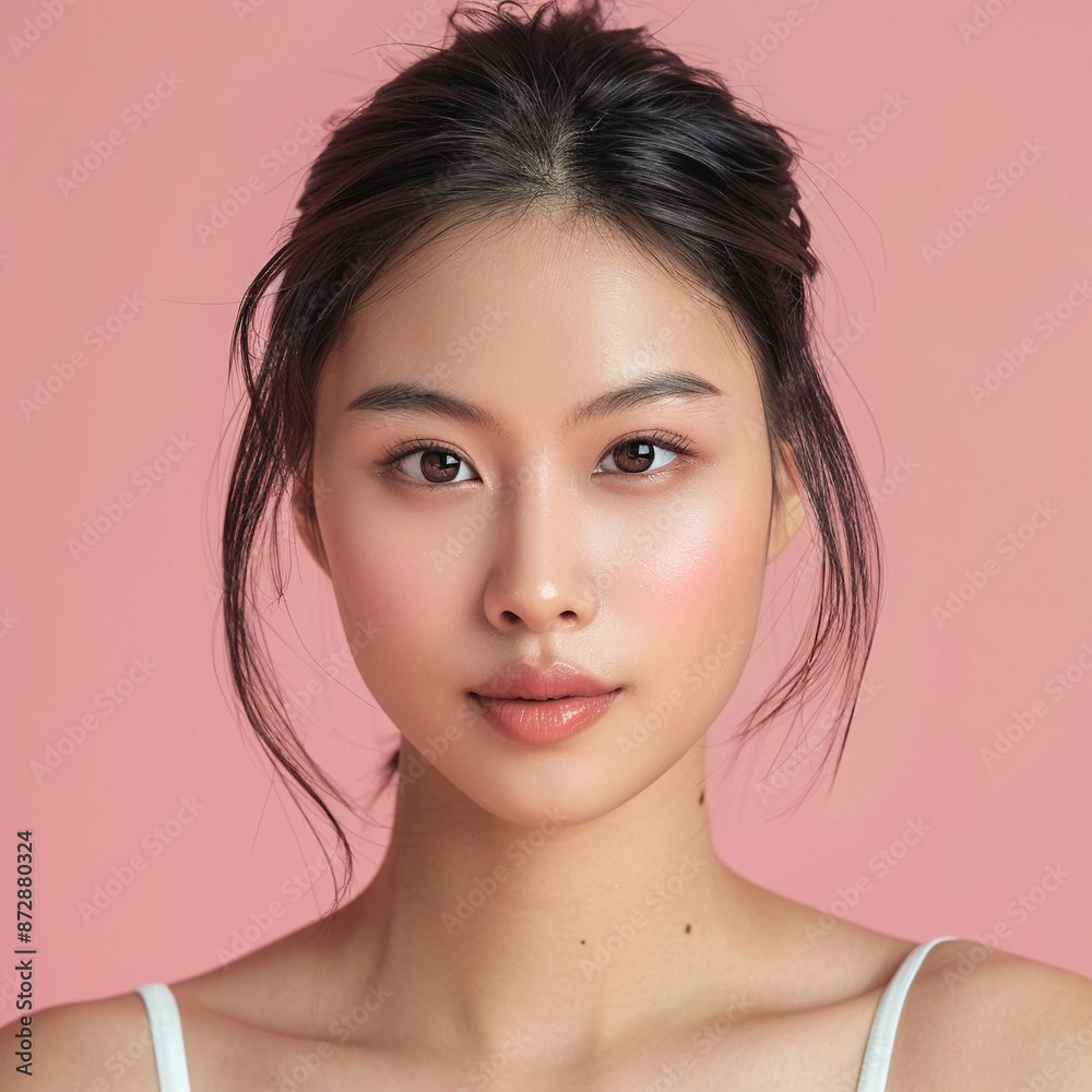 Closeup portrait of young Asian beautiful woman with Korean beauty make up style and healthy and perfect skin isolated on pink background for skincare commercial product advertising. Closeup portrait of young Asian beautiful woman with Korean beauty make up style and healthy and perfect skin isolated on pink background for skincare commercial product advertising.