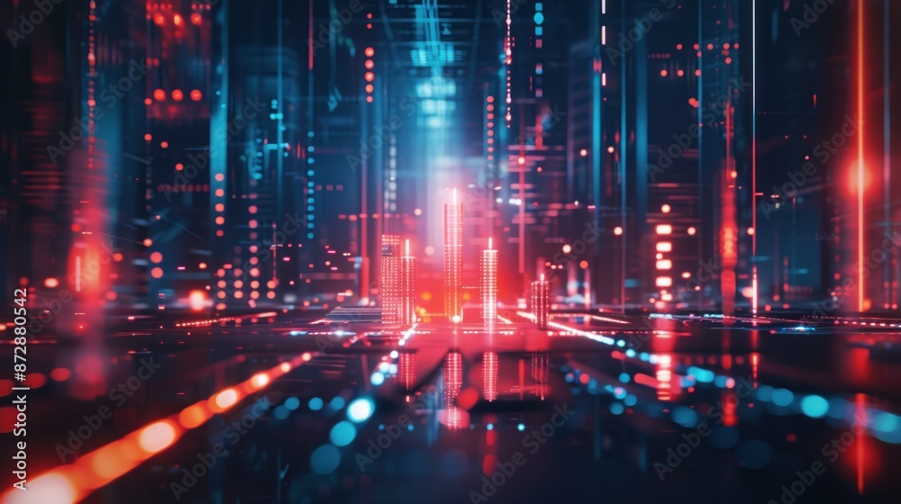 Digital Cityscape with Red and Blue Neon Lights Digital Cityscape with Red and Blue Neon Lights