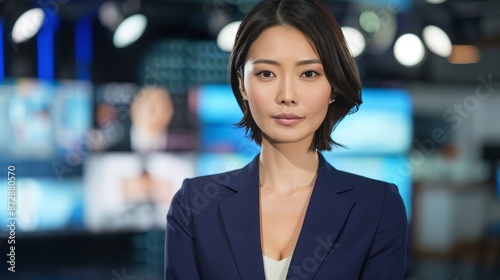 Serious japanese female news anchor reporting in studio on news program, realistic front view photo