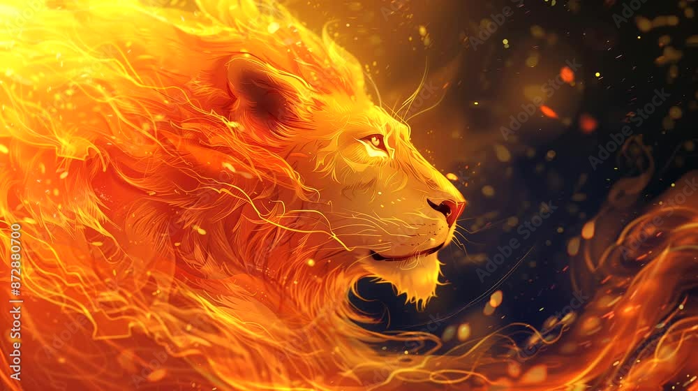 The fiery lion head. Anime or digital painting style, looping 4k video animation background