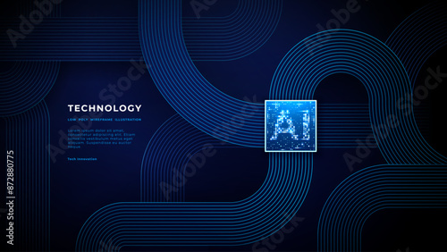 Abstract digital AI chip and round flat cable. A circuit board and AI semiconductor on a dark blue technology background. Glowing pixels on microchip. Vector illustration. Tech bg. Innovation concept.