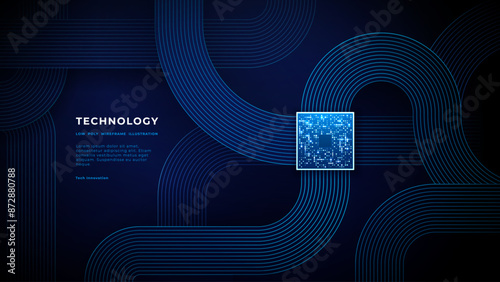 Futuristic chip and circuit board on technology background. Brightly glowing pixels on a semiconductor surface. Abstract digital round line flat cable in smooth shapes. Tech bg. Vector illustration.
