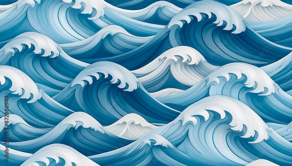 Fototapeta premium This vibrant image depicts a dynamic, harmonious pattern of waves, showcasing their rhythmic motion and vivid blue tones, representing tranquility, natural beauty, and artistic elegance.