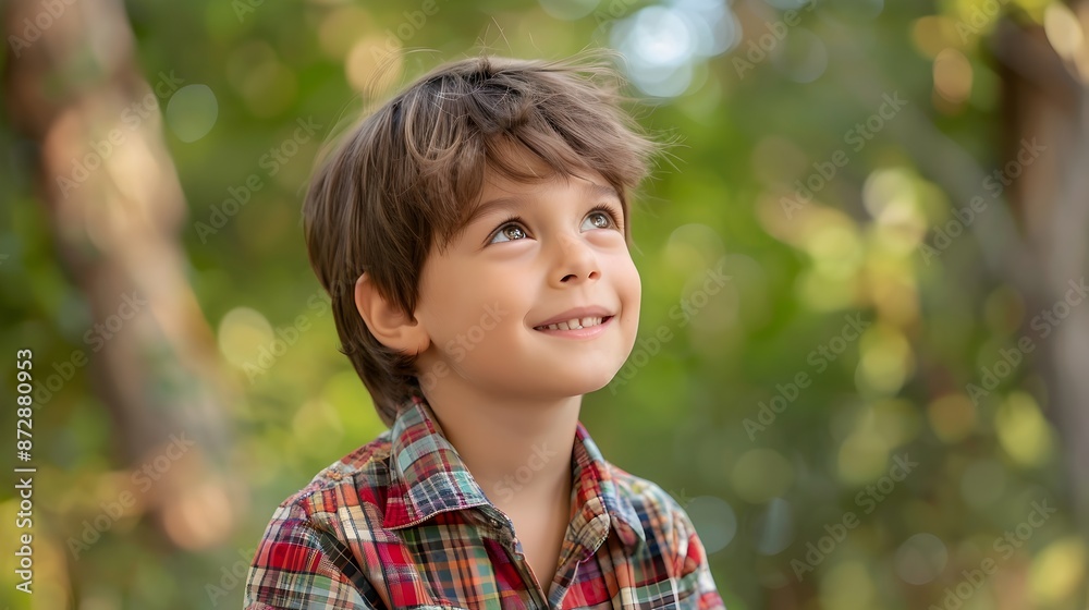 Smiling 7 Year Old Boy in Plaid Flannel Shirt Contemplating in Rustic Forest Setting Smiling 7 Year Old Boy in Plaid Flannel Shirt Contemplating in Rustic Forest Setting