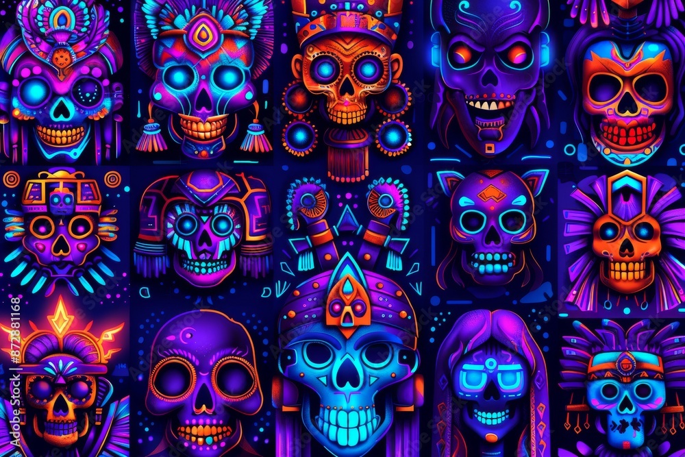 Collection of colorful Dia de los Muertos skulls with vibrant decorations, showcasing festive Mexican culture and lively artistry in a detailed, dynamic arrangement. Collection of colorful Dia de los Muertos skulls with vibrant decorations, showcasing festive Mexican culture and lively artistry in a detailed, dynamic arrangement.