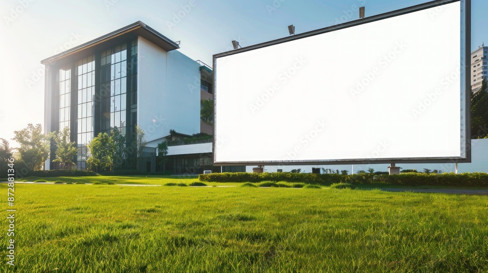 Obraz premium Blank white billboard on a front yard, modern house in the background, fresh cut grass, clear sky.
