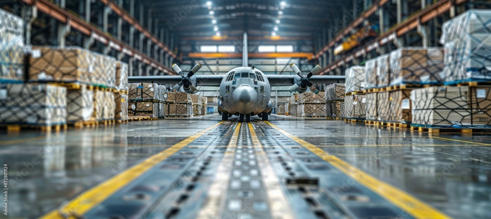 Military logistic ammo and equipment warehouse and airplane cargo. Generative AI technology. Military logistic ammo and equipment warehouse and airplane cargo. Generative AI technology.