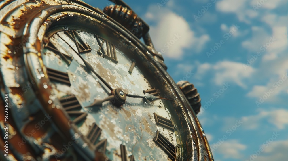 Fototapeta premium A broken clock stopped when the earthquake hit. It shows the time in the middle of disaster and change.
