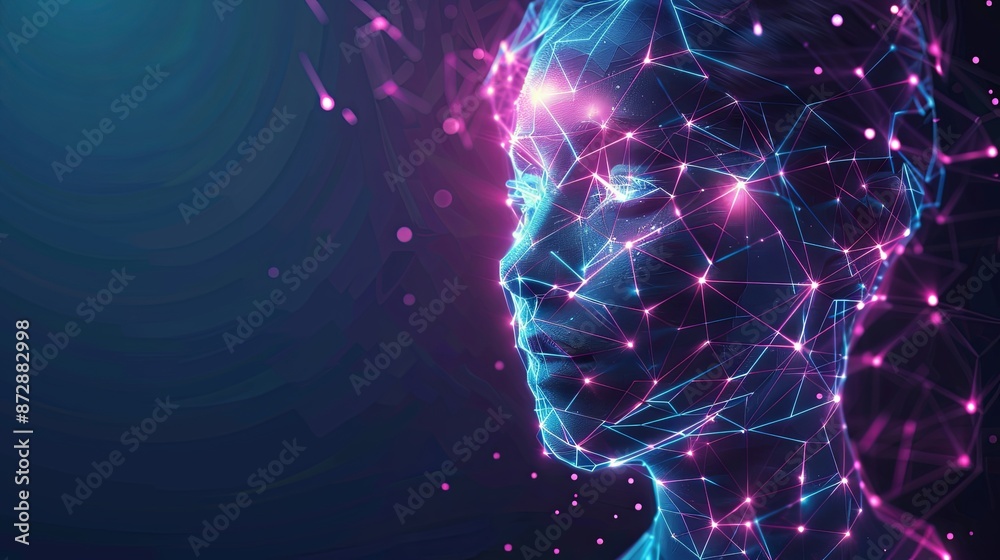 A computer generated image of a womans face with glowing purple, magenta, and electric blue lights resembling astronomical objects and gas in space, creating a mesmerizing art piece in the darkness A computer generated image of a womans face with glowing purple, magenta, and electric blue lights resembling astronomical objects and gas in space, creating a mesmerizing art piece in the darkness