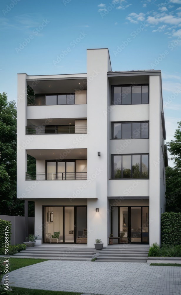 Fototapeta premium A Contemporary Dwelling with Stylish Architecture, Beautiful Exterior Design, and a Serene Garden Setting. Perfect Family Home in a Residential Neighborhood, Featuring Thoughtful Construction
