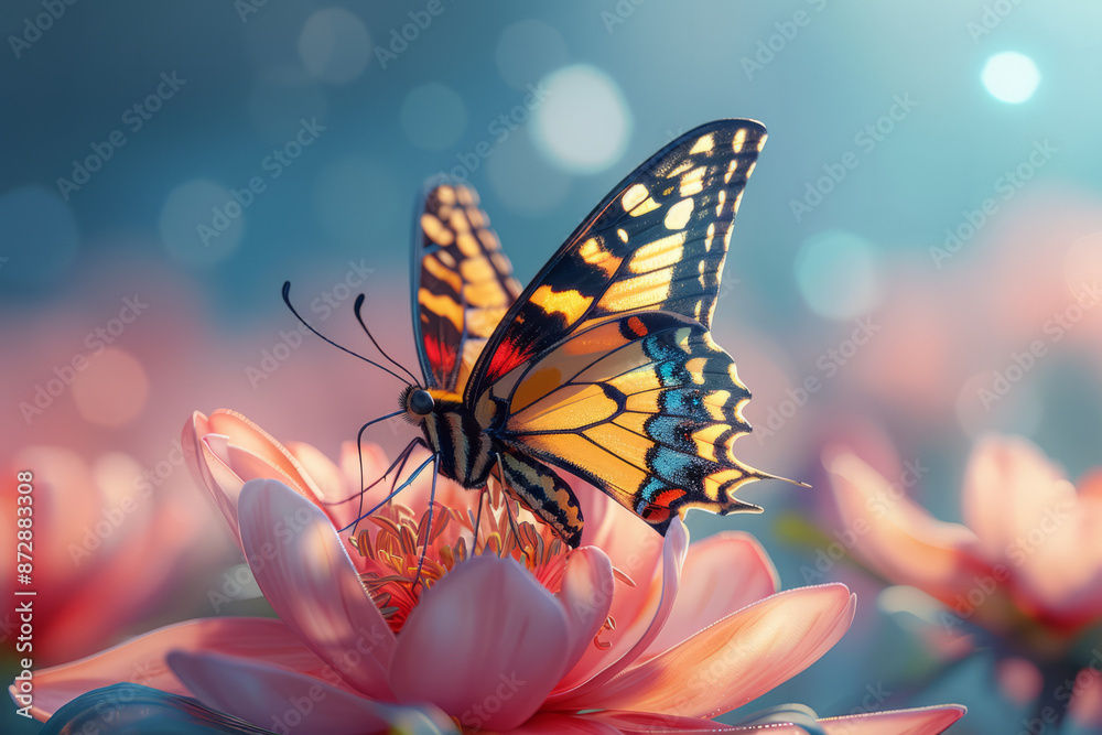 Close-up of a cartoon butterfly with yellow and black wings on a pink peony, with a happy sky background, Close-up of a cartoon butterfly with yellow and black wings on a pink peony, with a happy sky background,