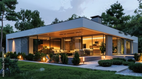 Modern House with Warm Lighting and Lush Greenery