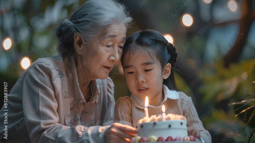 Elderly Grandma Celebrating Birthday with Granddaughter Over Cake with Candle Elderly Grandma Celebrating Birthday with Granddaughter Over Cake with Candle