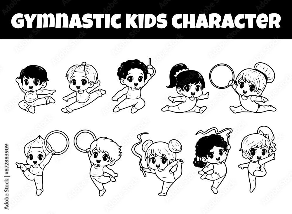Gymnastic kids character outline vector illustration set Gymnastic kids character outline vector illustration set