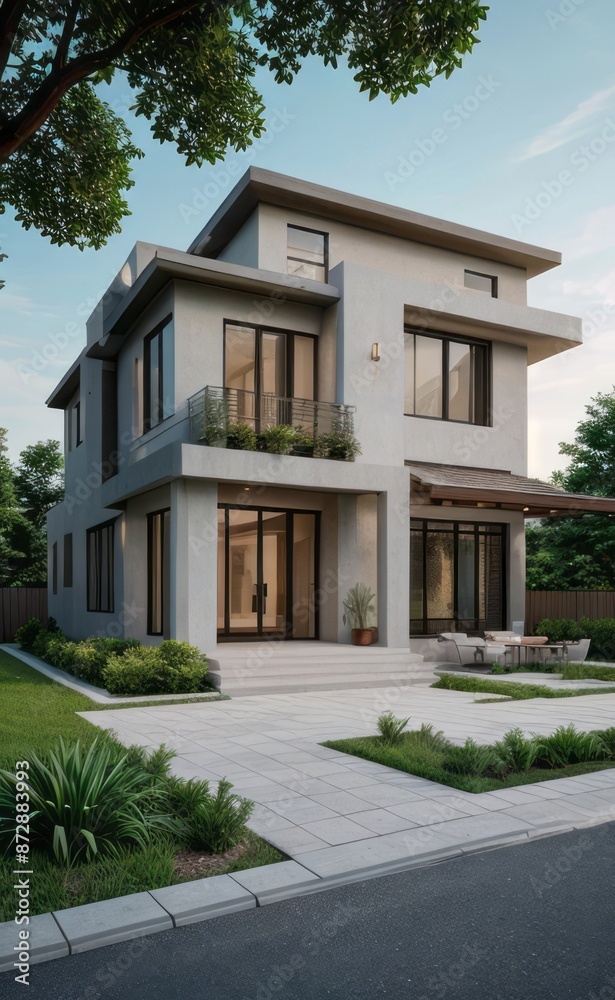 Fototapeta premium A Contemporary Dwelling with Stylish Architecture, Beautiful Exterior Design, and a Serene Garden Setting. Perfect Family Home in a Residential Neighborhood, Featuring Thoughtful Construction