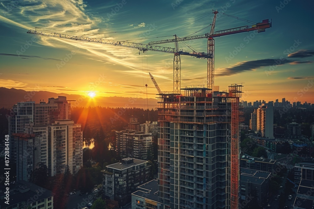 High Rise Construction. Aerial View of Stunning Building Site at Vibrant Summer Sunset in Burnaby, Vancouver, BC, Canada High Rise Construction. Aerial View of Stunning Building Site at Vibrant Summer Sunset in Burnaby, Vancouver, BC, Canada