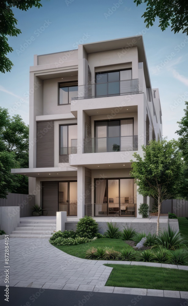 Naklejka premium A Contemporary Dwelling with Stylish Architecture, Beautiful Exterior Design, and a Serene Garden Setting. Perfect Family Home in a Residential Neighborhood, Featuring Thoughtful Construction