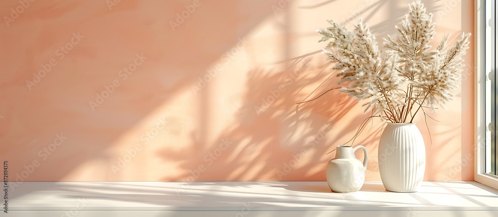 Peach wall and white window sill, boho decoration with vase and grasses, minimalist product presentation, shallow focus. Peach wall and white window sill, boho decoration with vase and grasses, minimalist product presentation, shallow focus.