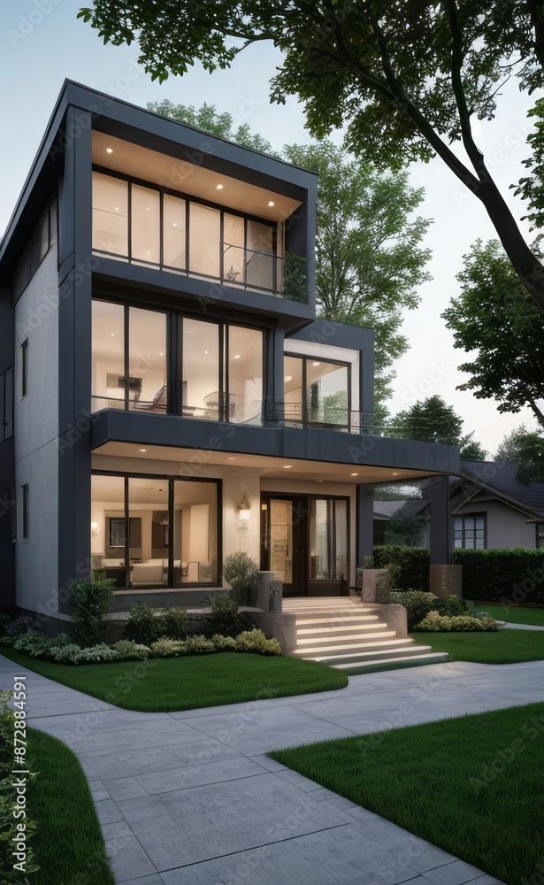 Obraz premium A Contemporary Dwelling with Stylish Architecture, Beautiful Exterior Design, and a Serene Garden Setting. Perfect Family Home in a Residential Neighborhood, Featuring Thoughtful Construction