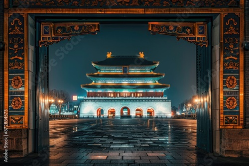 Beijing China. Ornate Jianlou Gate Illuminated in Colourful Architecture photo