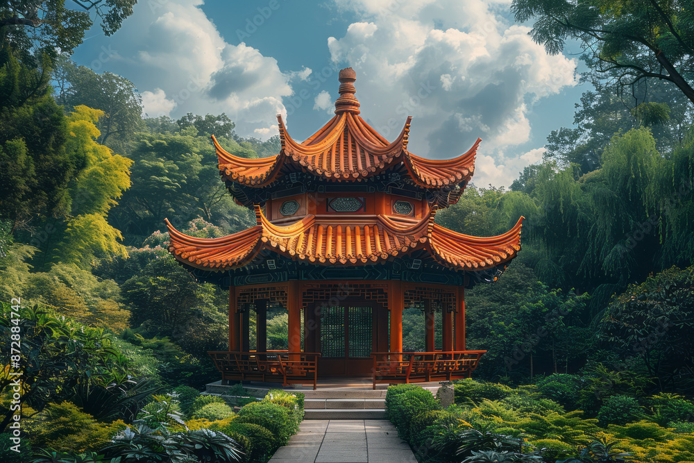 Close-up of a serene Chinese garden pavilion surrounded by lush greenery and floating white clouds in a dreamlike sky, Close-up of a serene Chinese garden pavilion surrounded by lush greenery and floating white clouds in a dreamlike sky,