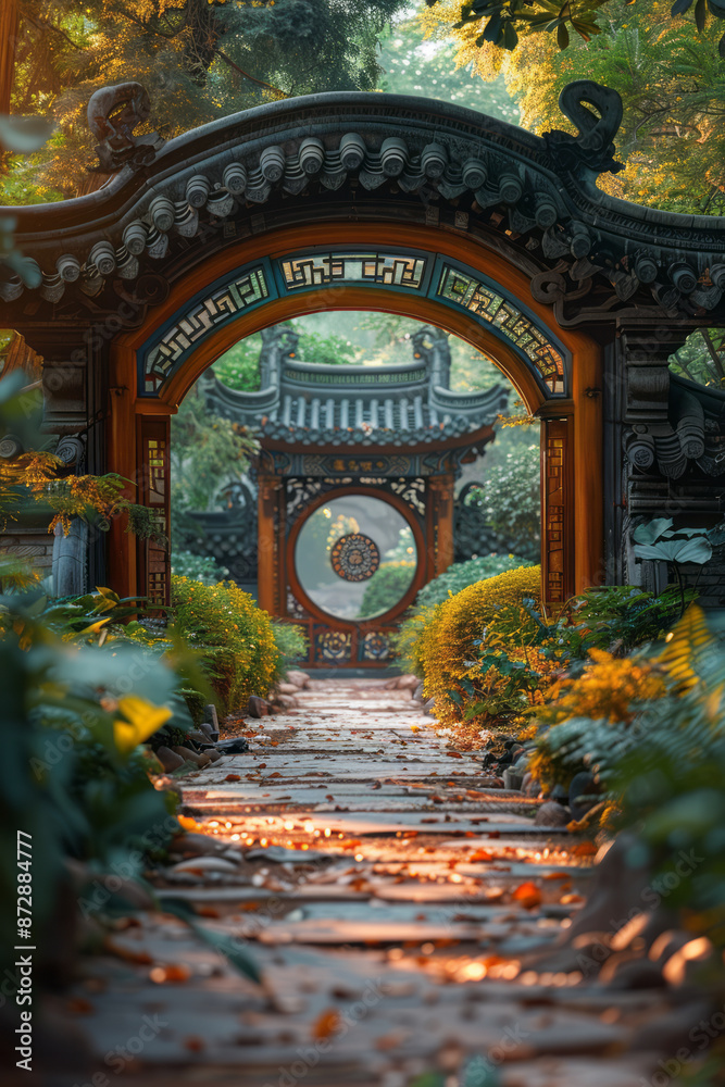 Tuinposter met Maanpoort in Chinese tuin met wolken #872884777